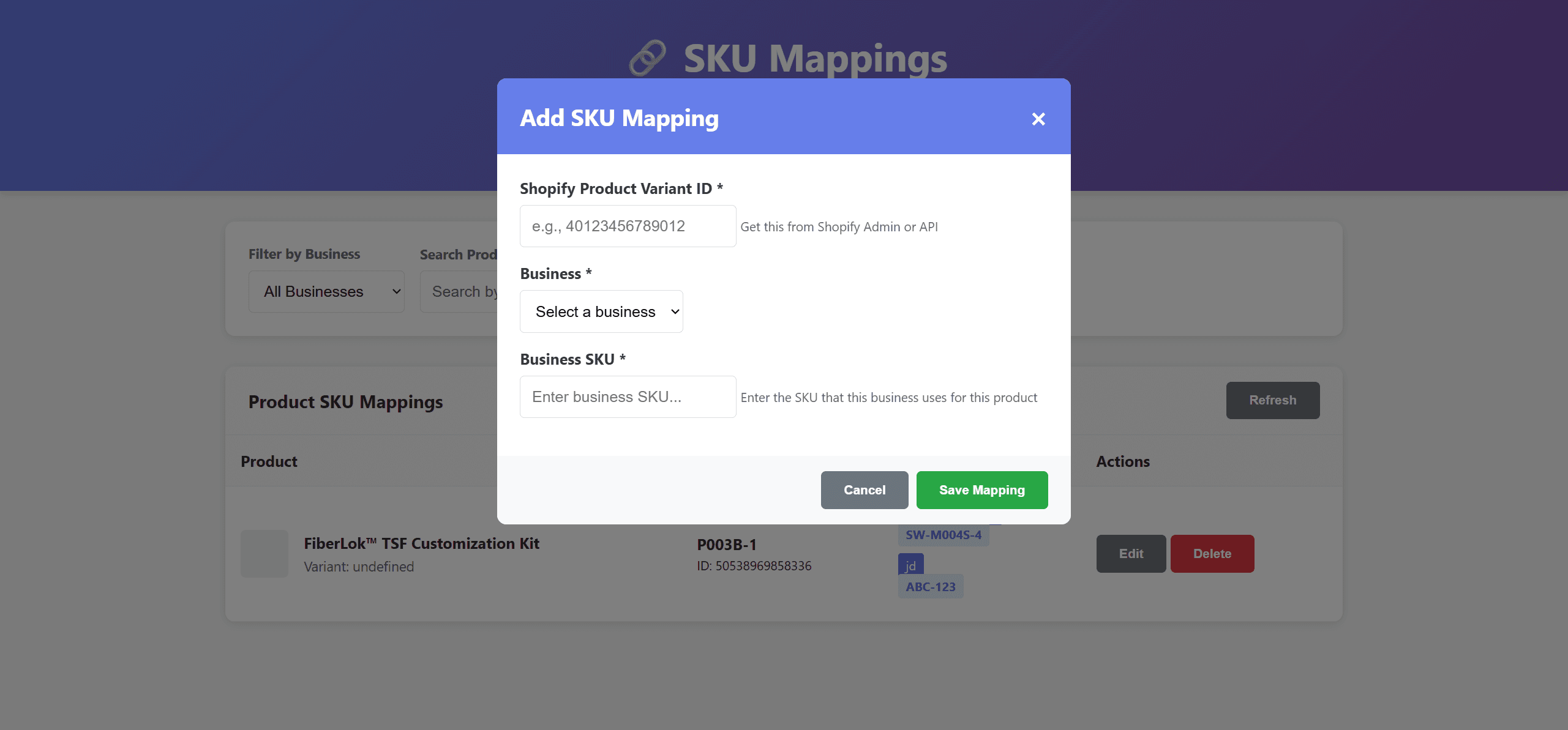 Add SKU Mappings Popup