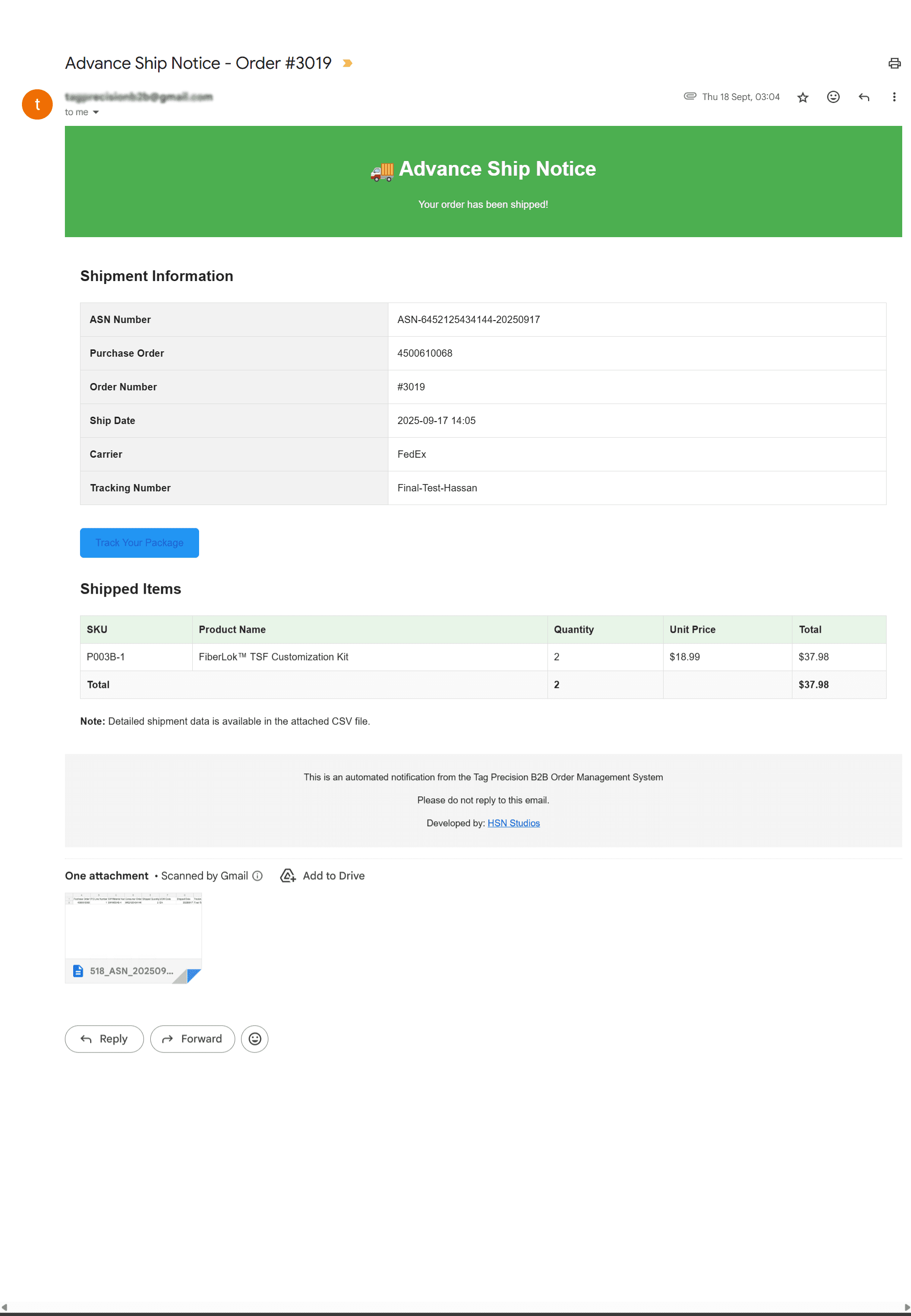 Automated Advance Shipping Notifications sent to business contacts with CSV attachments.