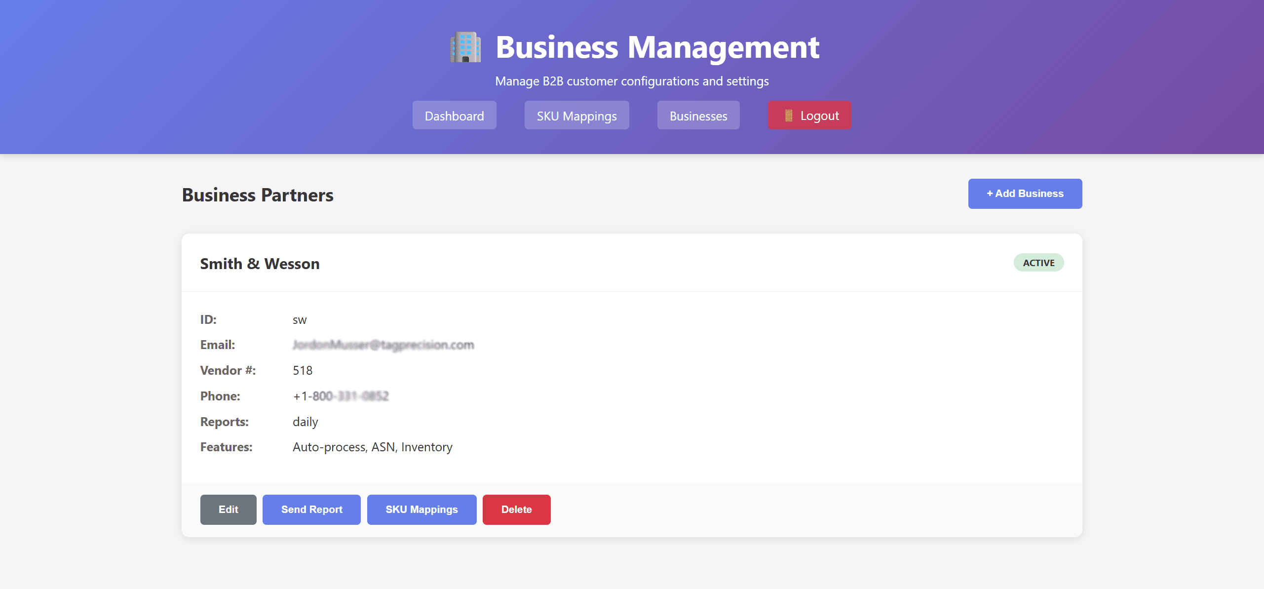 Manage Businesses and features to be available for business, Auto Processing, ASN settings, and inventory settings
